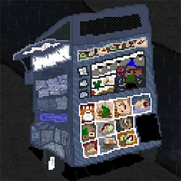 A 128 bit animation of a street food card on the side of a dark, empty road in the rain. There is a person figure inside moving around and moving their hands and a screen at the top of the car plays a spinning animation of the word 