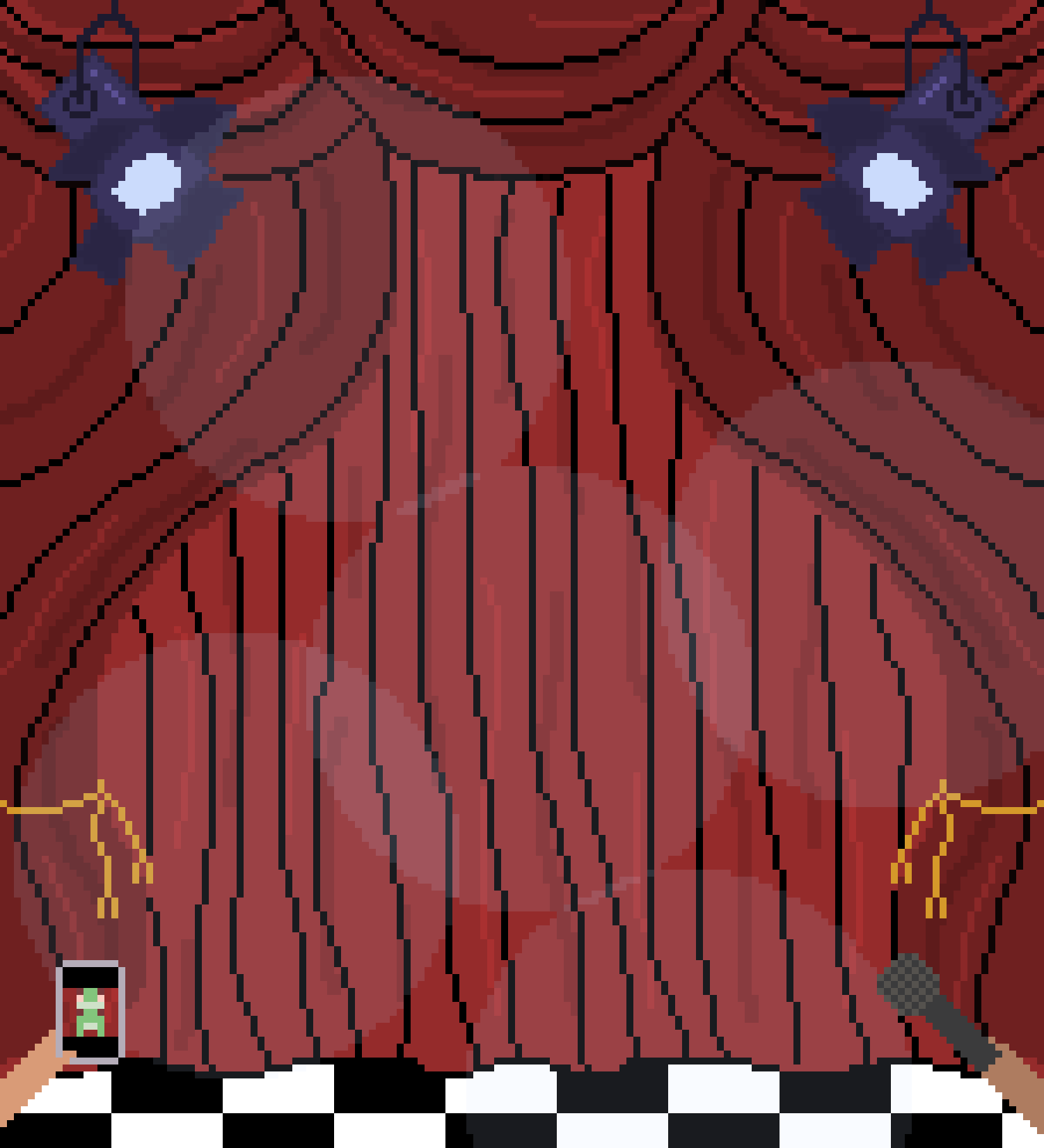 A 128-bit image of red show curtains on a checkered stage. In the marginal foreground an arm holds a smartphone with an image of a frog on it on the left and another arm holds up a microphone on the left.