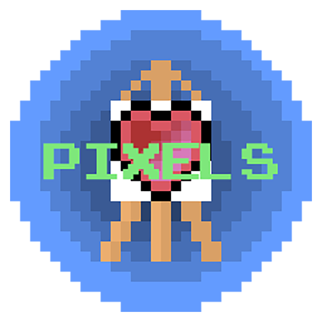 A 32-bit pixel rendition of a canvas featuring a pink painted heart symbol. Green text centered in the foreground reads Pixels.